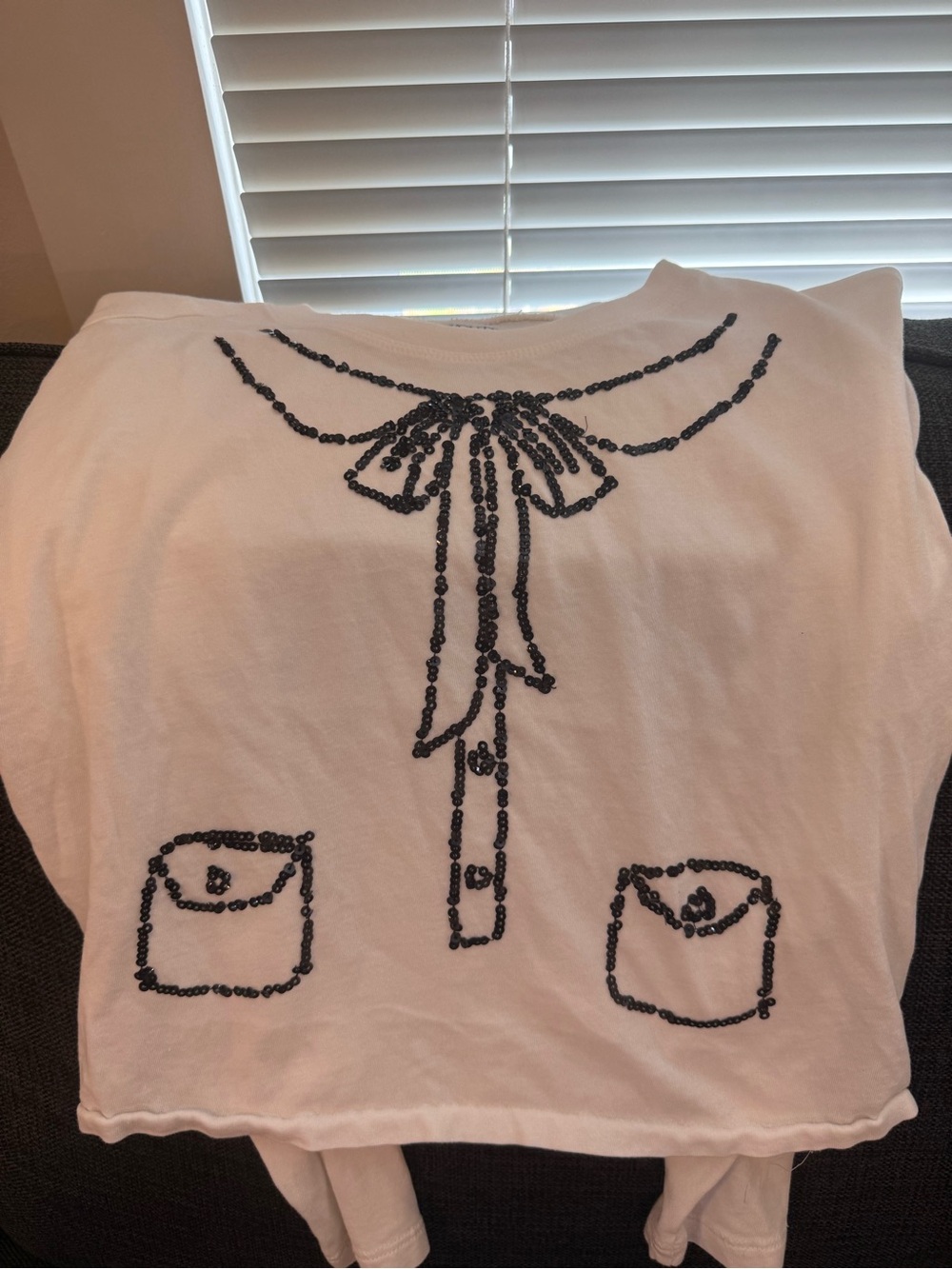 Crewcuts White Long Sleeve Tee with Black Sequin Bow Detail